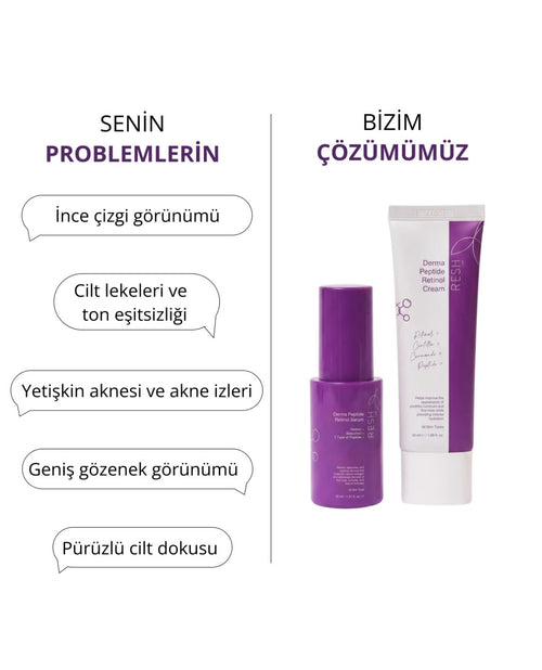 Cilt sorunlarıyla başın dertteyse, çözüm önerilerimiz var💜 Derma Peptide Retinol Serum ve Retinol krem ikilisi ile tanış✨ #retinol #reshlab